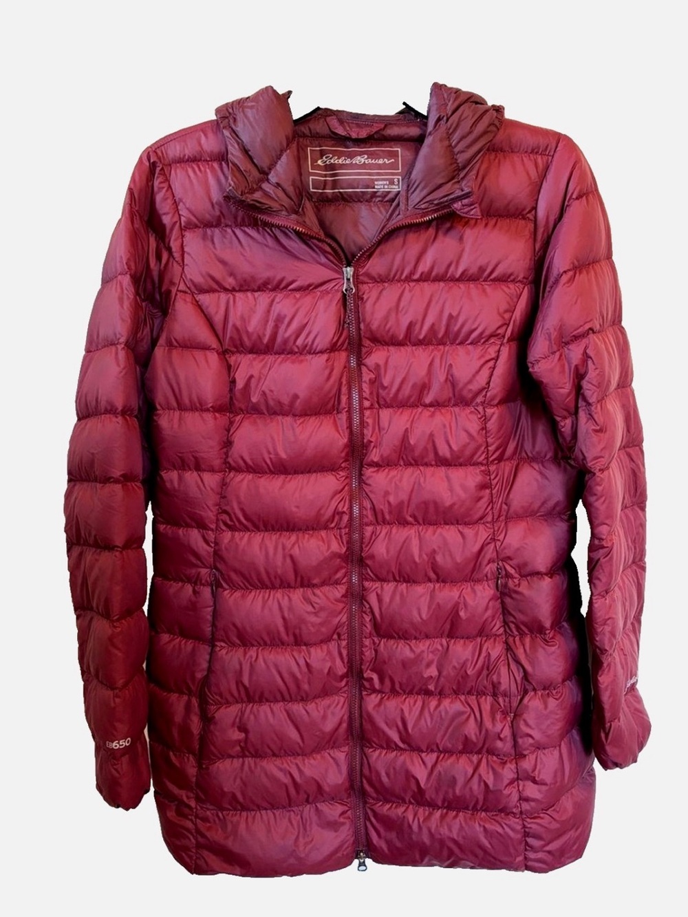 Eddie Bauer 650 Down Parka Coat S Burgundy Hooded Lightweight Packable